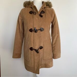 Brooks Brothers Cotton Corduroy Toggle Duffle Coat Fur Lined Hood Red Fleece